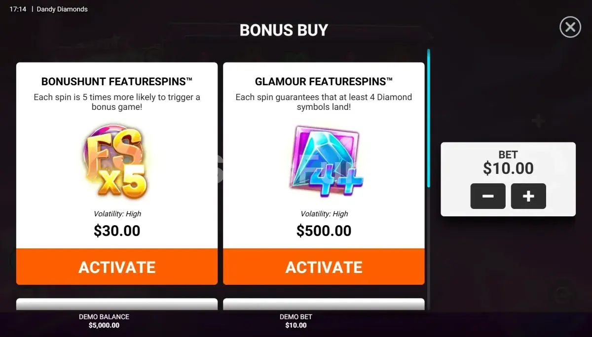 Opciones de compra de bonus en Dandy Diamonds
