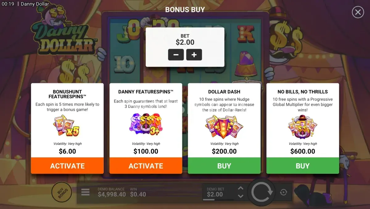 Menú de compra de bonos de Danny Dollar con las cuatro opciones disponibles