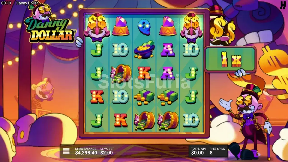 Pantalla de giros gratis del bono No Bills No Thrills en Danny Dollar con multiplicador global