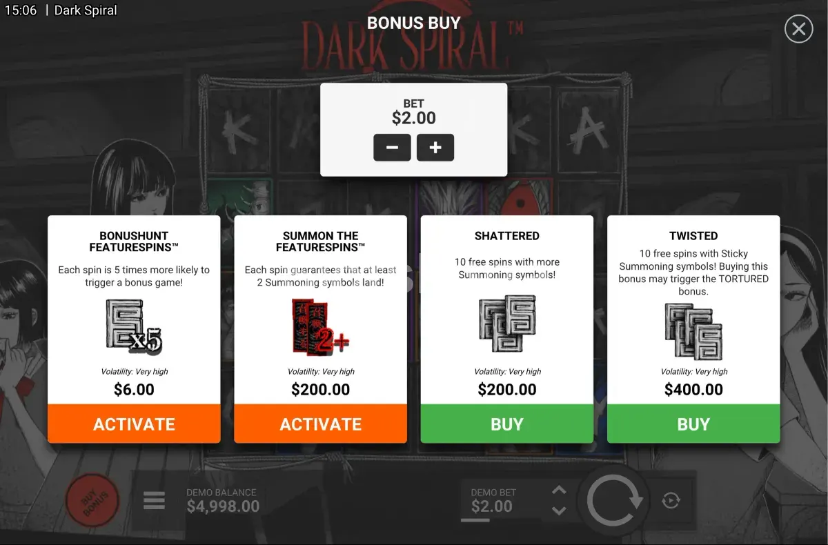 Menú de compra de bonus en Dark Spiral con sus opciones de precio