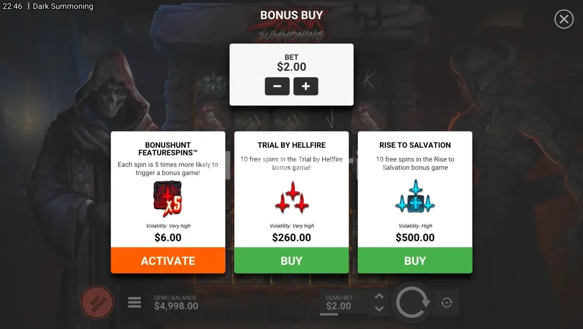 Menú de compra de bonus disponible en Dark Summoning de Hacksaw Gaming