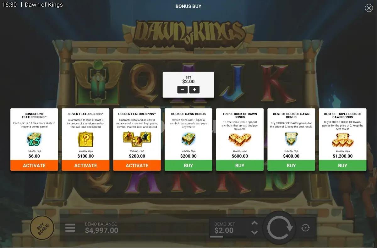 Pantalla de compra de bonus en Dawn of Kings con opciones disponibles