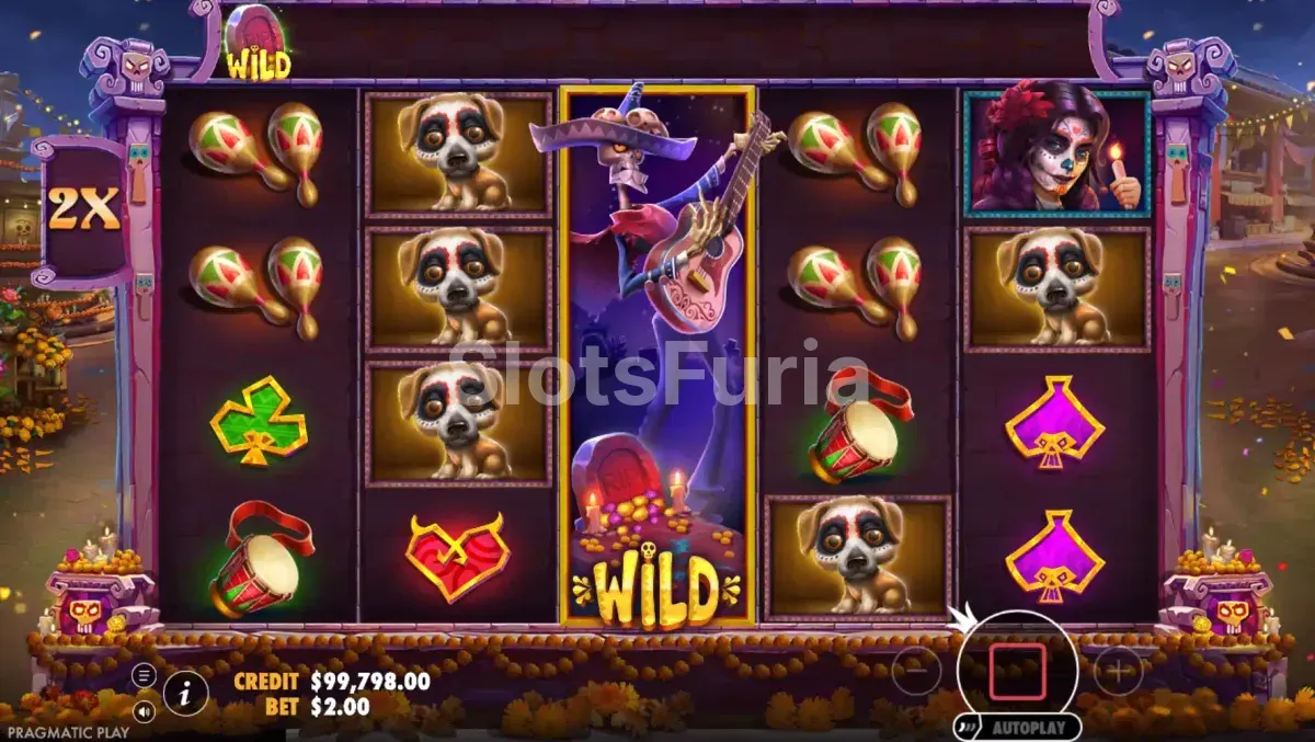 Feature de free spins activa en Day of Dead con wilds en movimiento