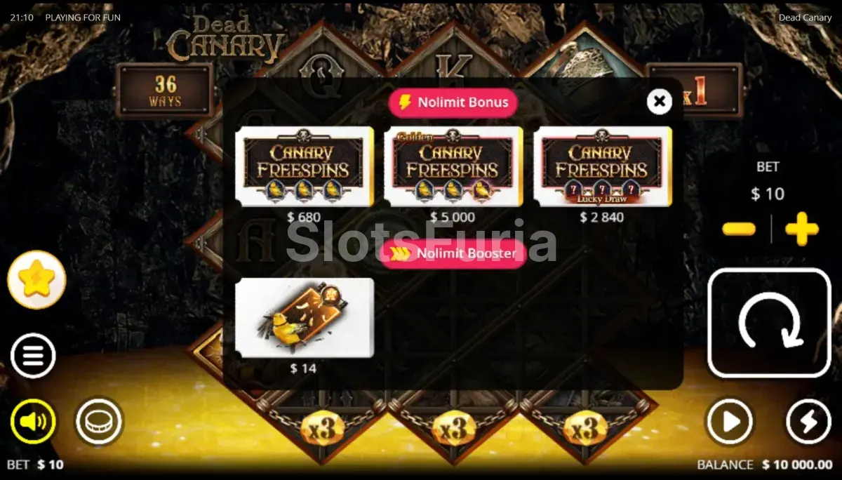 Menú de compra de bonos de Dead Canary con las diferentes opciones disponibles