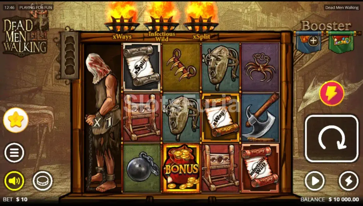Pantalla principal del juego base de Dead Men Walking con los rodillos activos
