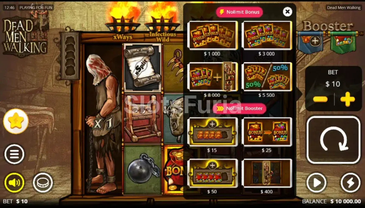 Pantalla de compra de bonus en Dead Men Walking con las opciones disponibles