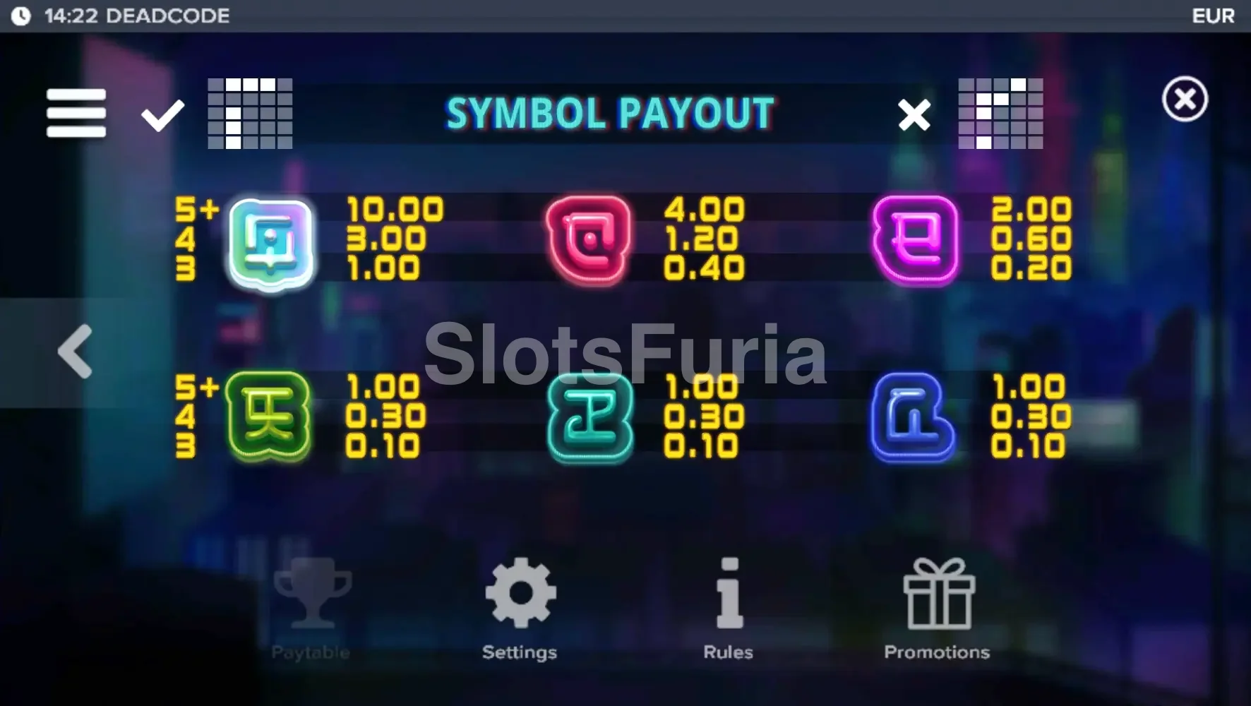 Tabla de pagos de Deadcode con símbolos y multiplicadores