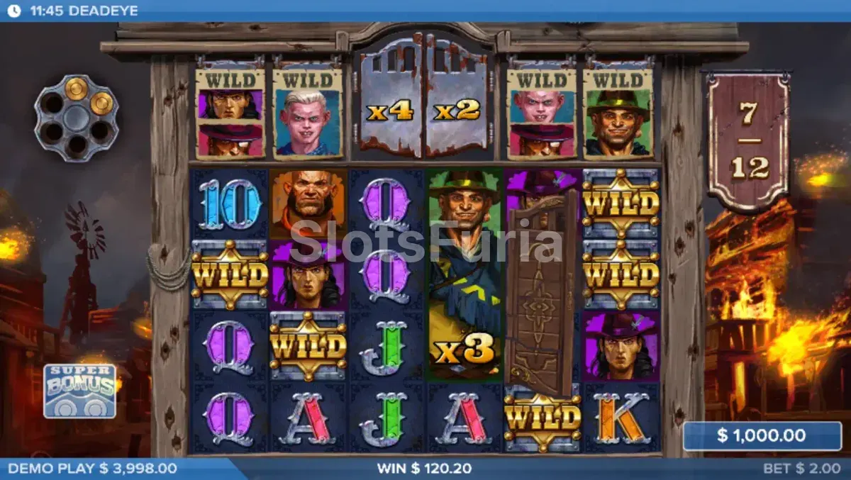 Pantalla de giros gratis de Deadeye con multiplicadores activos