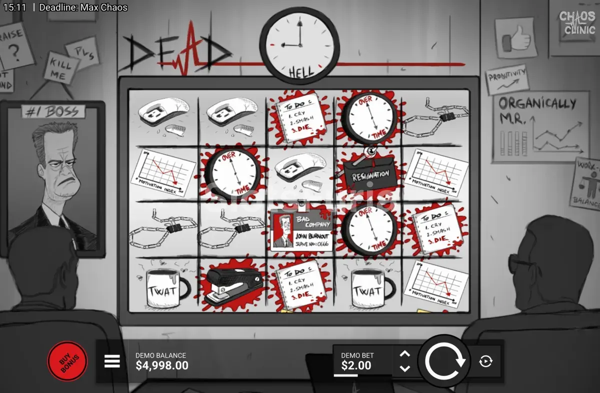 Juego base de Deadline Max Chaos con comodines multiplicadores en la rejilla