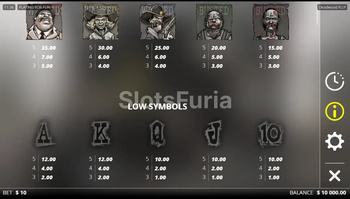 Tabla de pagos de los símbolos de Deadwood R.I.P.