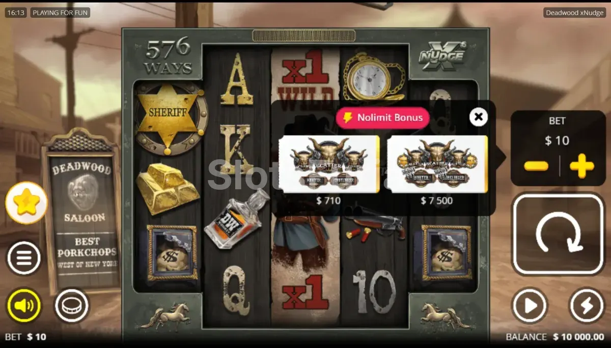 Pantalla de compra de bono de Deadwood con las opciones de 71x y 750x