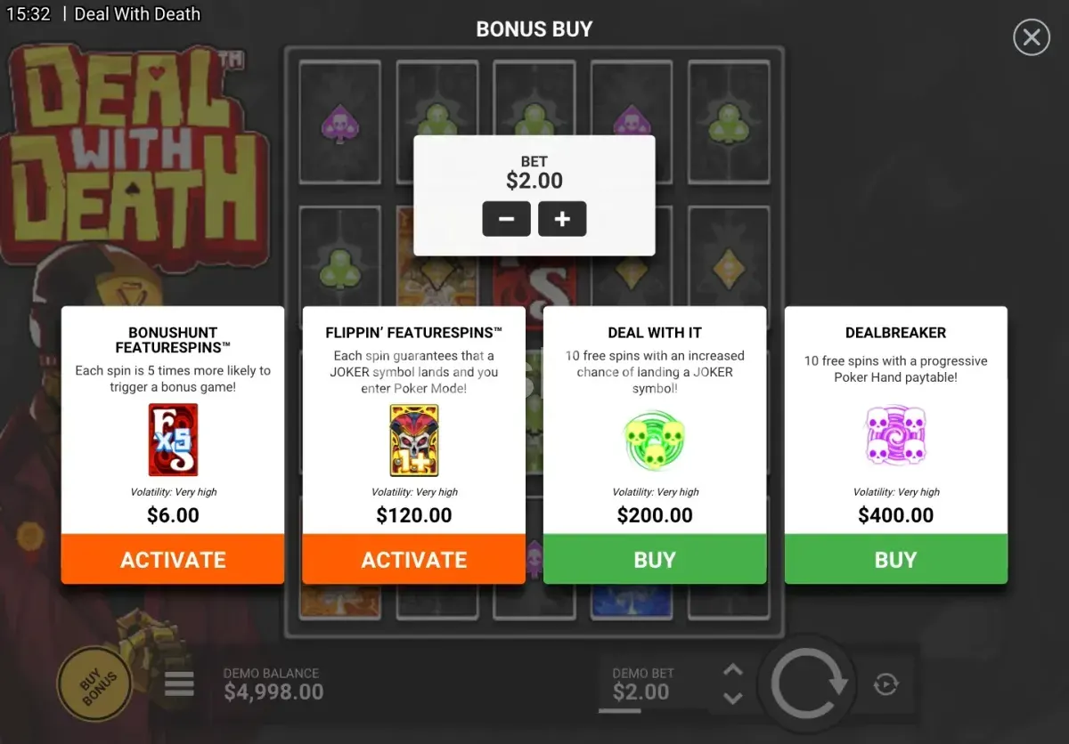 Menú de compra de bonus en Deal With Death con opciones disponibles