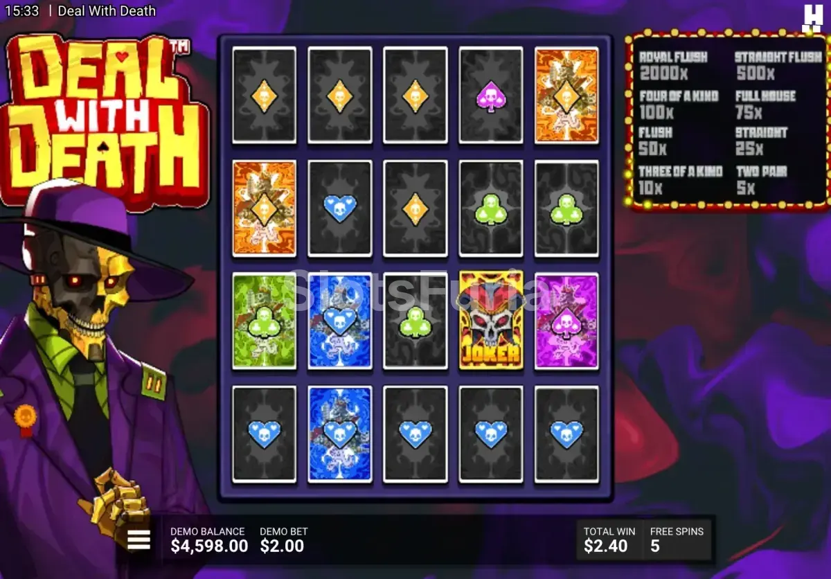 Ronda de giros gratuitos activada en Deal With Death con multiplicadores visibles