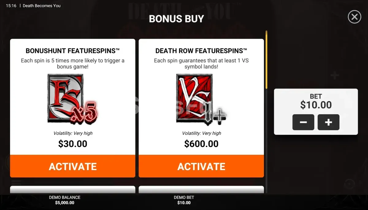 Menú de compra de bonus de Death Becomes You con las cinco opciones