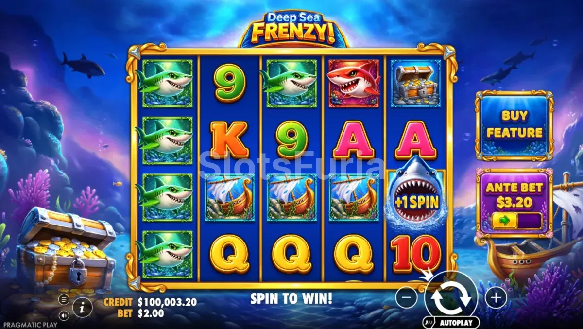 Pantalla principal de Deep Sea Frenzy con tiburones en los rodillos