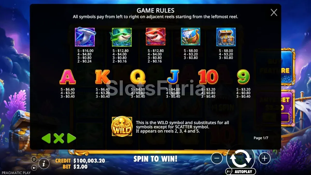 Tabla de pagos y valores de los tiburones en Deep Sea Frenzy