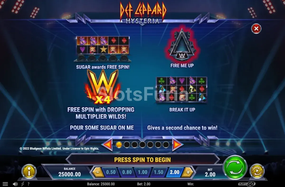 Pantalla de información y reglas de Def Leppard Hysteria