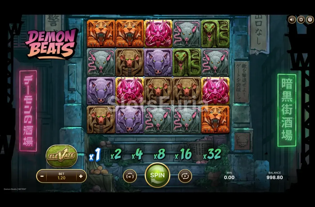 Juego base de Demon Beats con la puerta del templo y los letreros de neón