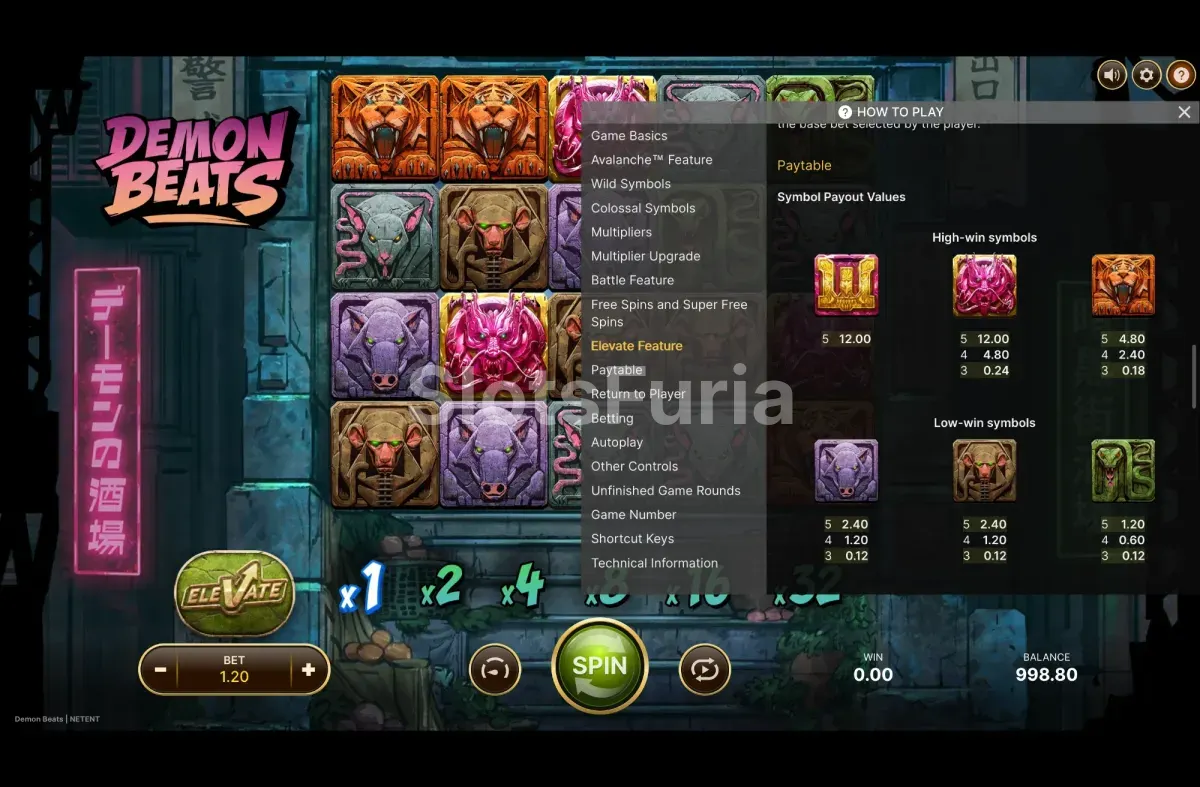 Tabla de pagos de Demon Beats con los símbolos del tigre y el dragón