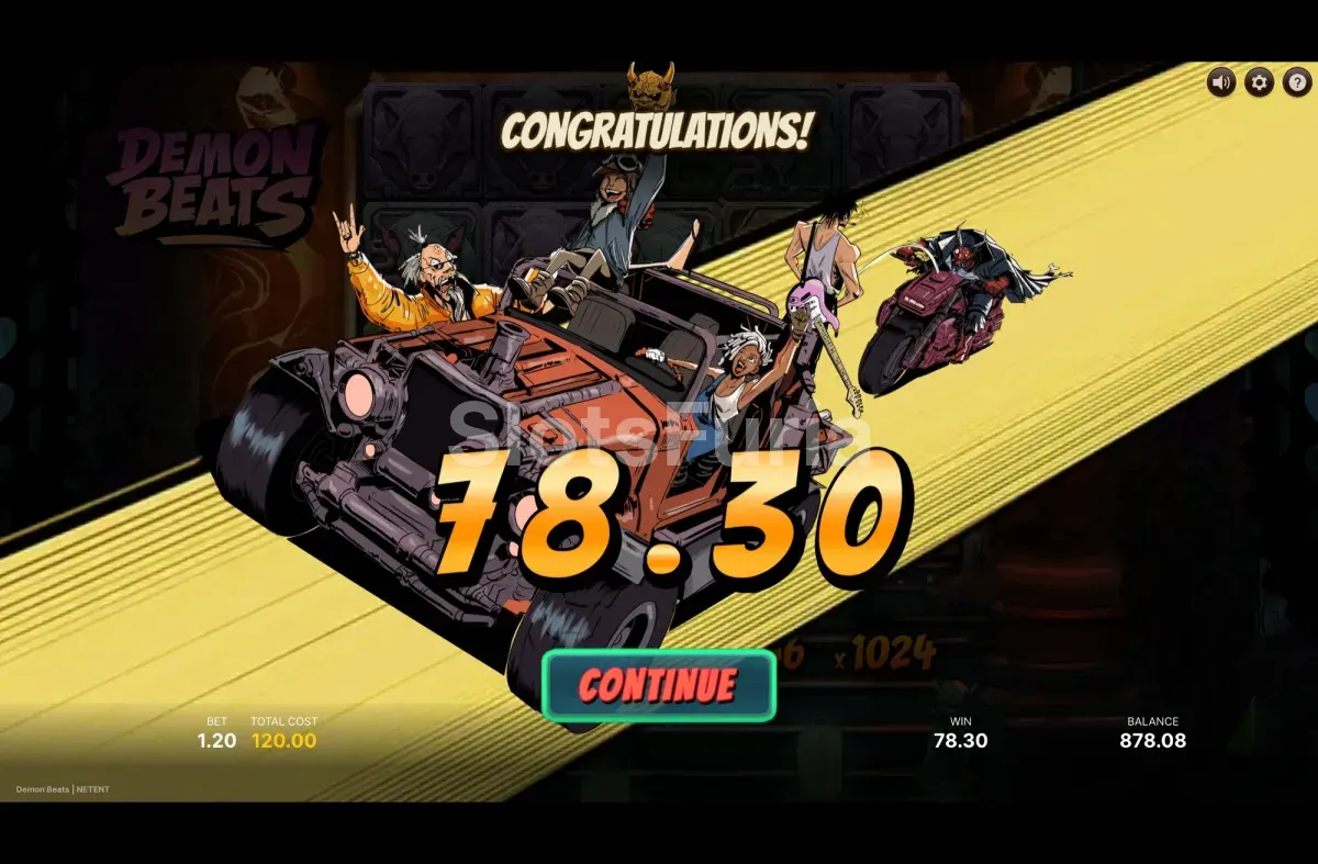 Pantalla de premio grande en Demon Beats con multiplicador acumulado