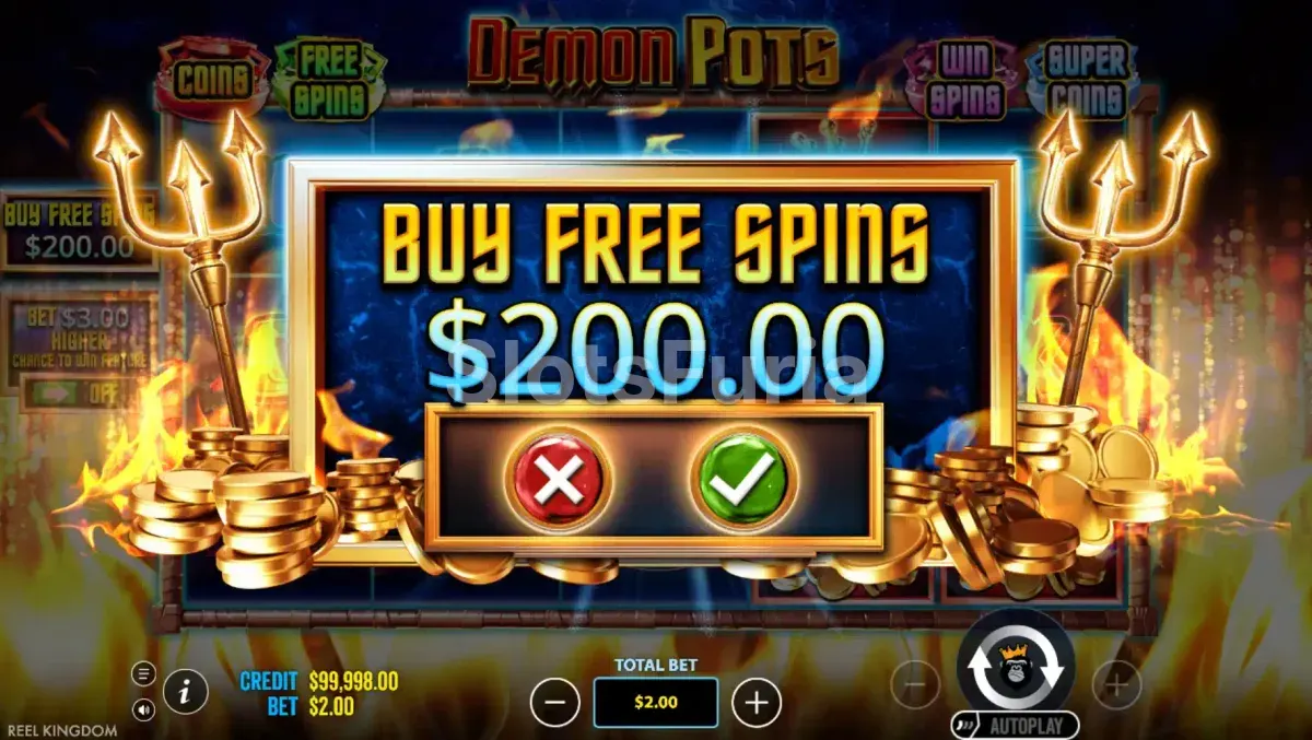 Pantalla de compra de bono en Demon Pots de Reel Kingdom