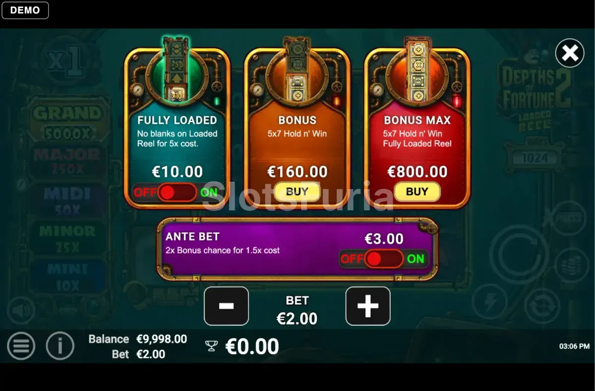 Menú de compra de Depths of Fortune 2, tragamonedas de AvatarUX