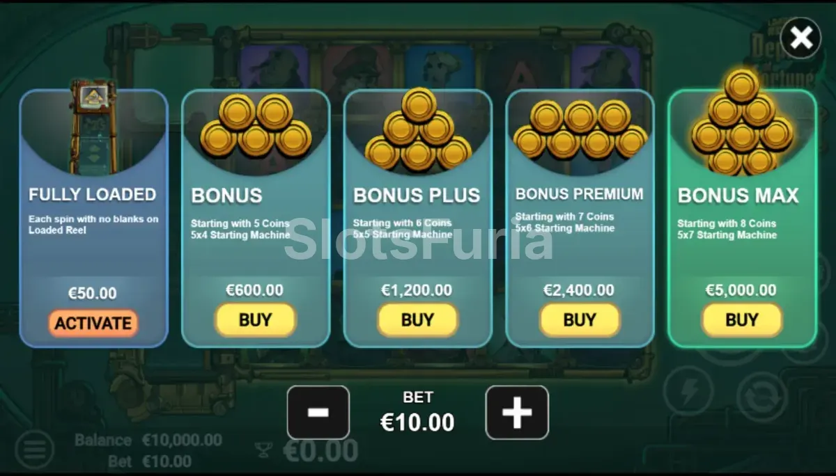 Pantalla de compra de bonus en Depths of Fortune con todas las opciones disponibles