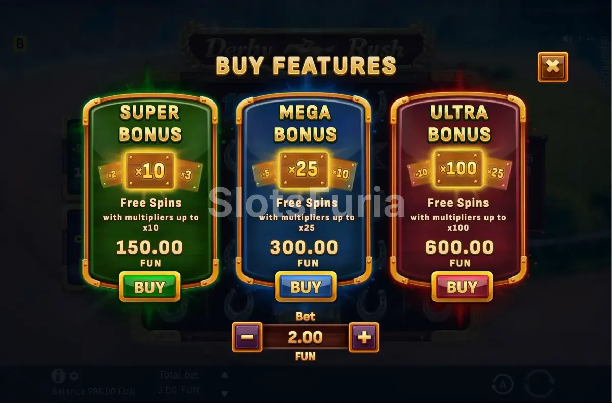 Pantalla de compra de bonus en Derby Rush con las tres opciones disponibles