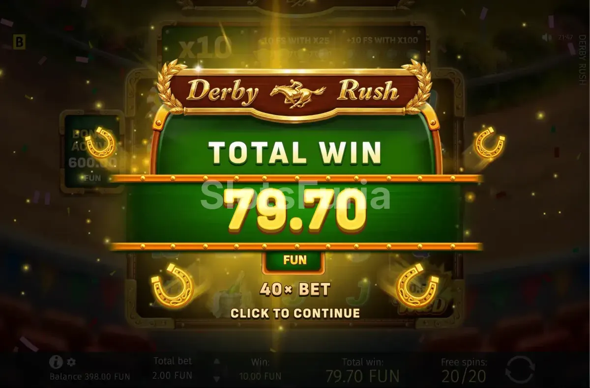 Gran victoria en Derby Rush con multiplicadores y acumulación de premios en pantalla
