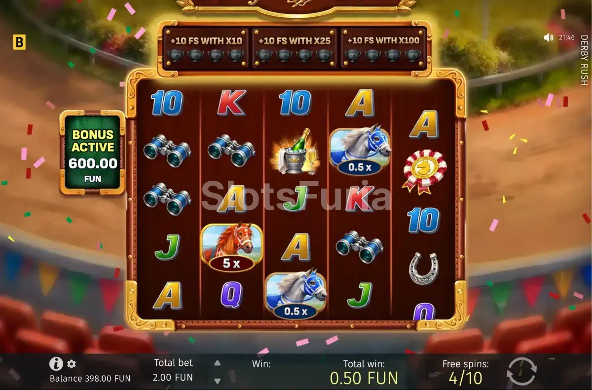 Ronda de giros gratis de Derby Rush con comodines recolectores activos