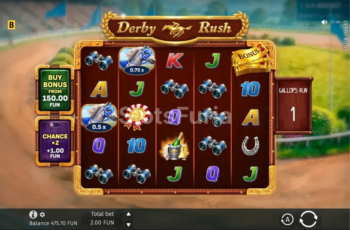 Pantalla principal de Derby Rush con pista de carreras y rodillos en acción