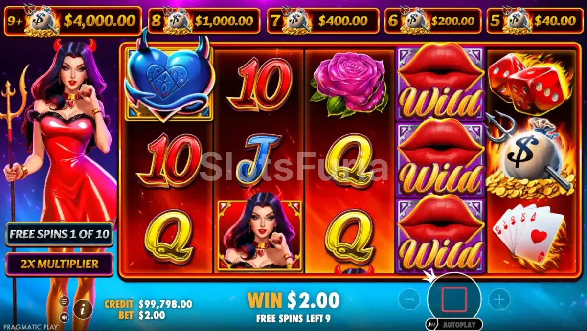 Ronda de giros gratis activada en Devilicious con multiplicador visible