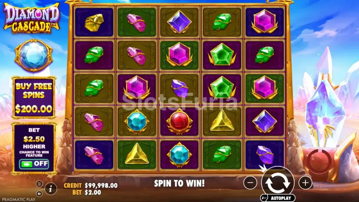 Pantalla principal del juego base en Diamond Cascade de Pragmatic Play
