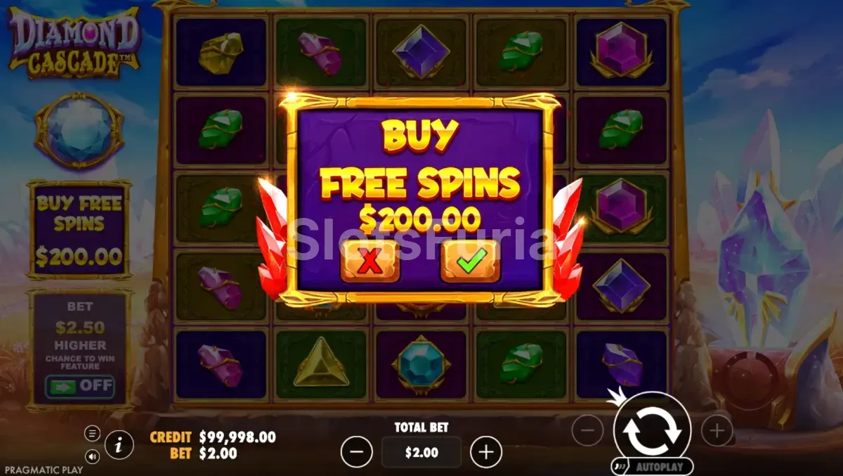 Pantalla de compra del bonus en Diamond Cascade con opciones de scatter