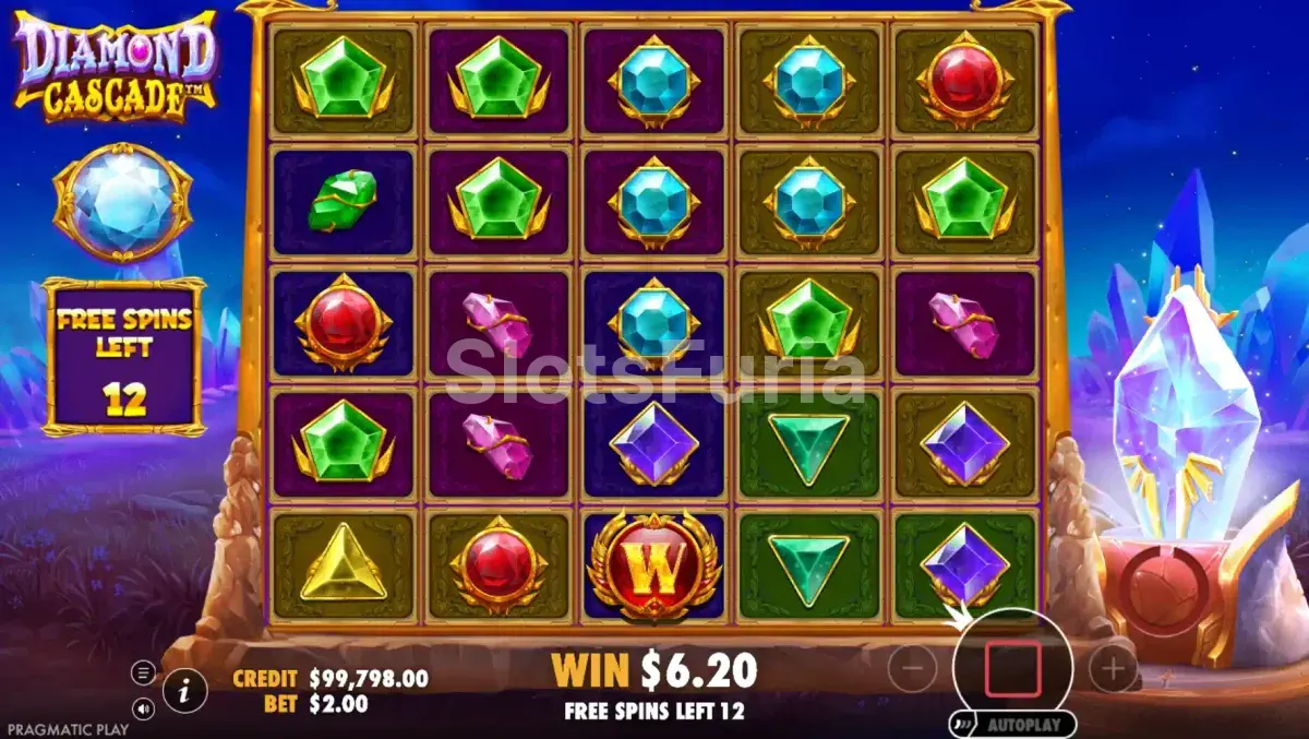 Ronda de tiradas gratis activa en Diamond Cascade con multiplicador acumulado