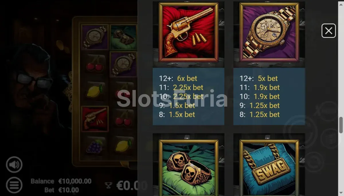 Tabla de pagos completa de Diamond Dez mostrando todos los símbolos y valores