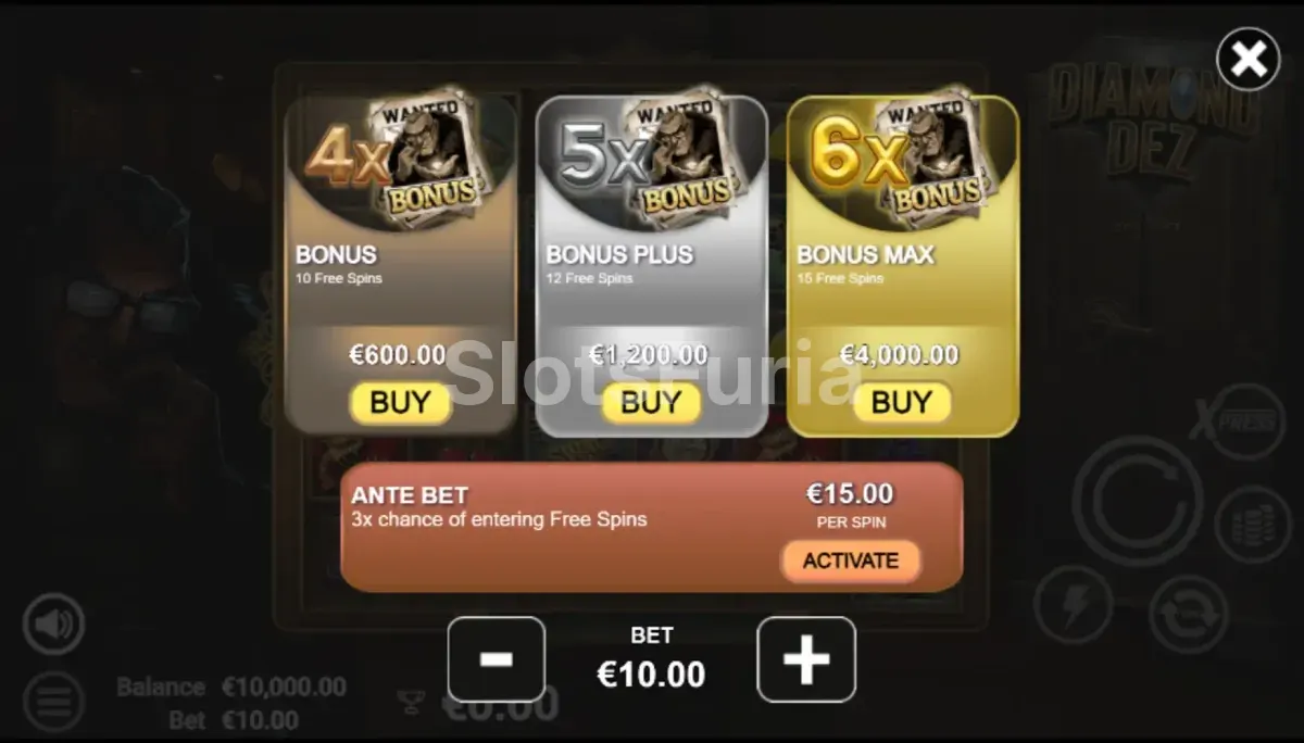 Pantalla de compra de bonus disponible en Diamond Dez de Avatar UX