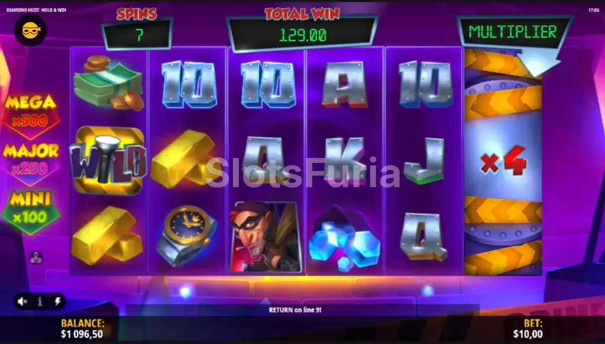 Función de giros gratis activada en Diamond Heist Hold & Win