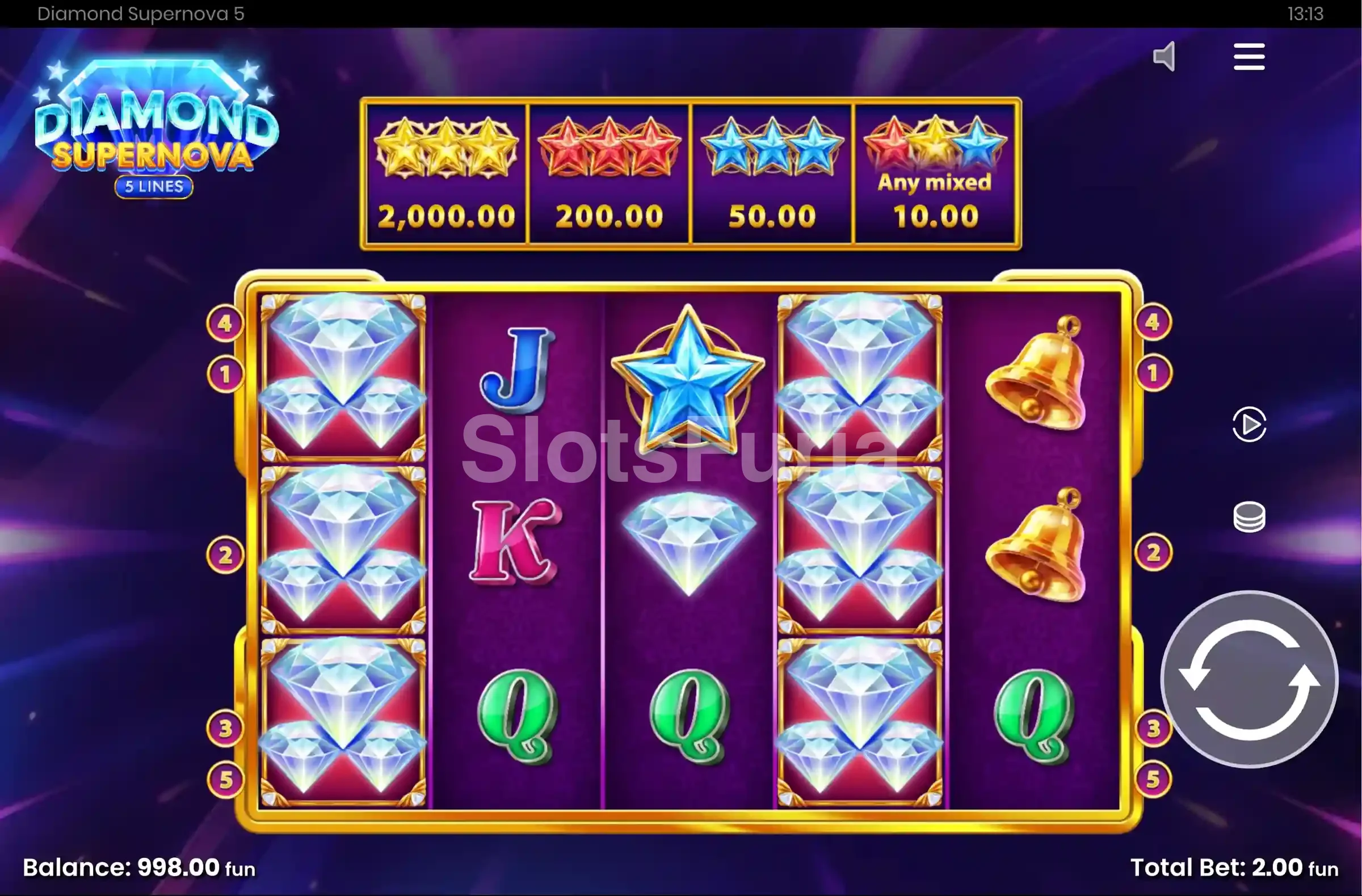 Pantalla principal de Diamond Supernova con los cinco rodillos activos