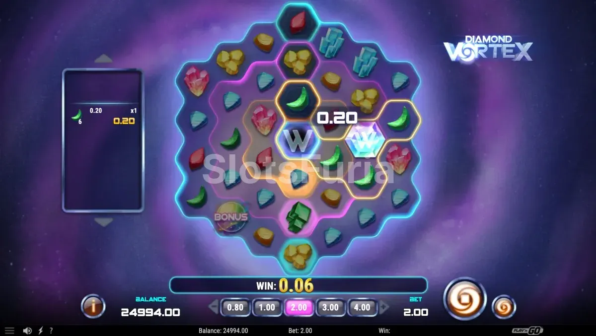 Ronda de bonus de Diamond Vortex con multiplicador activo y giros gratis