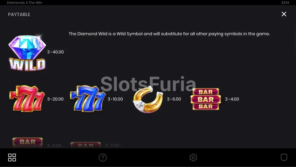 Tabla de pagos de Diamonds 4 The Win con los valores de los símbolos