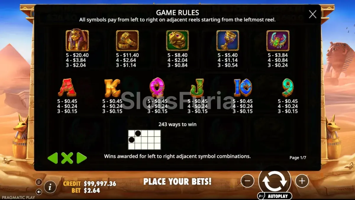 Tabla de pagos completa de Diamonds of Egypt Pragmatic Play