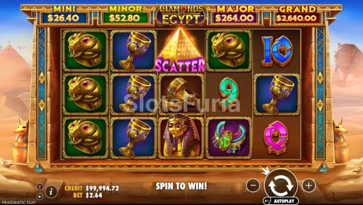 Segunda vista del juego base de Diamonds of Egypt con combinación ganadora