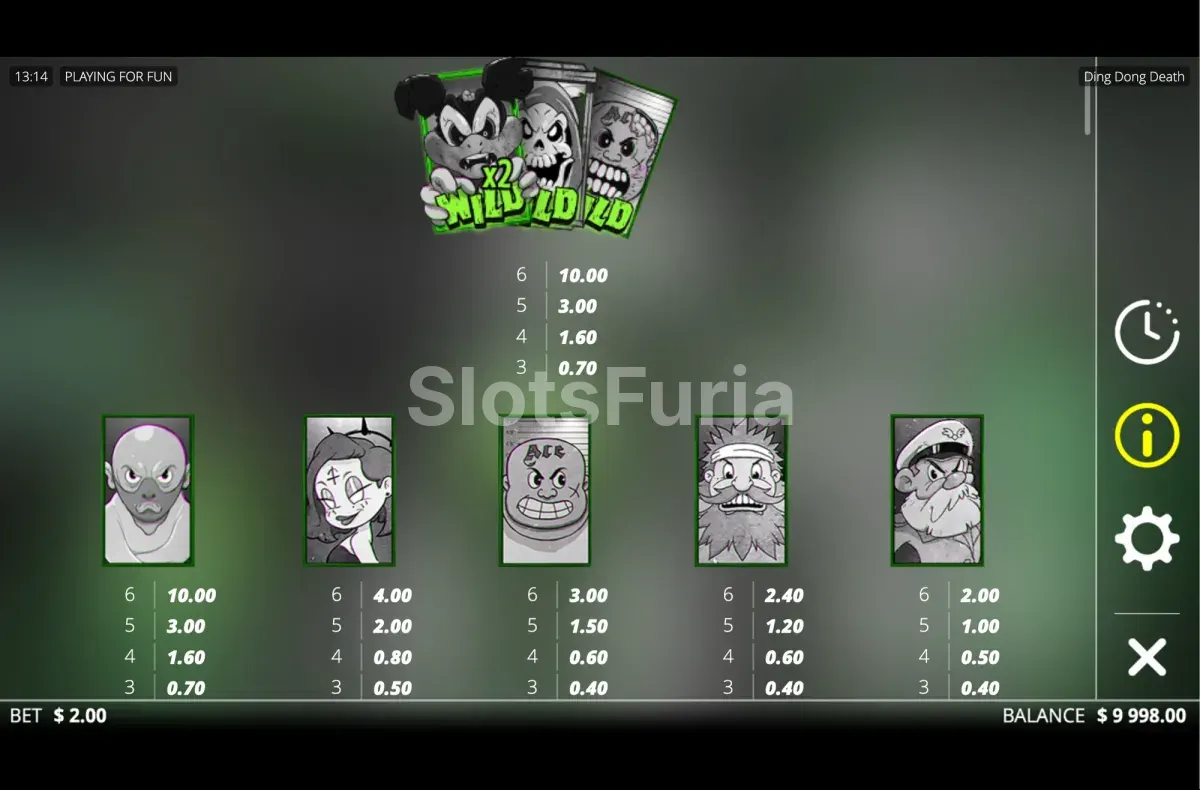 Tabla de pagos de Ding Dong Death con los cinco personajes premium