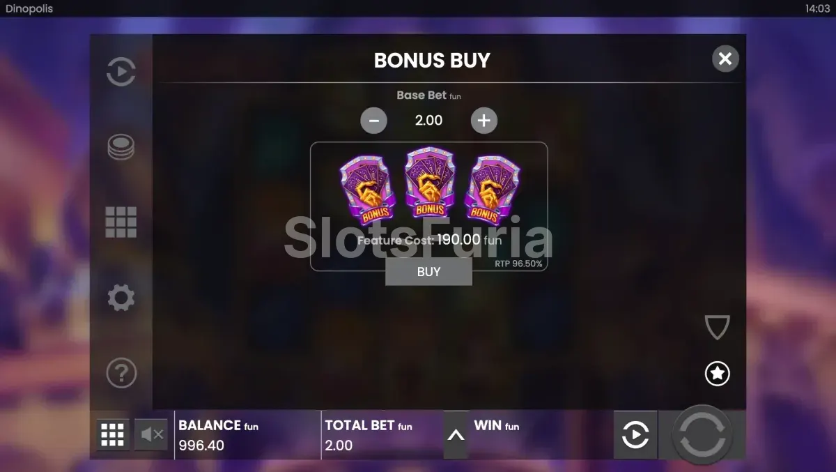 Menú de compra de bono en Dinopolis