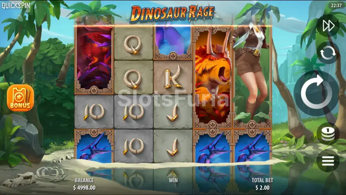 Pantalla principal de Dinosaur Rage con Anna la Exploradora en la jungla prehistórica
