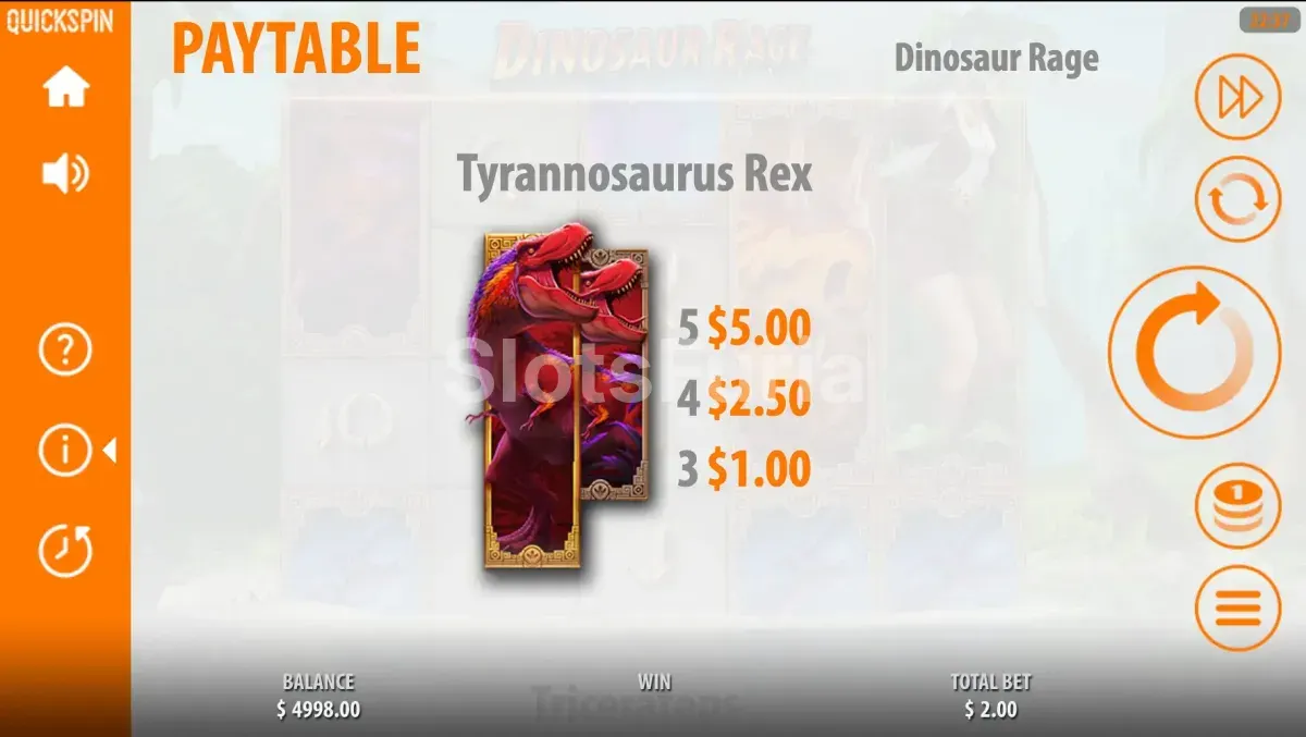 Tabla de pagos completa de Dinosaur Rage mostrando los símbolos y sus valores
