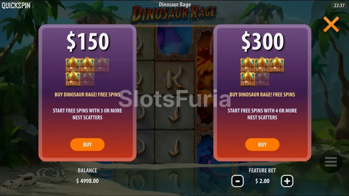 Pantalla de compra de bono en Dinosaur Rage con las dos opciones disponibles