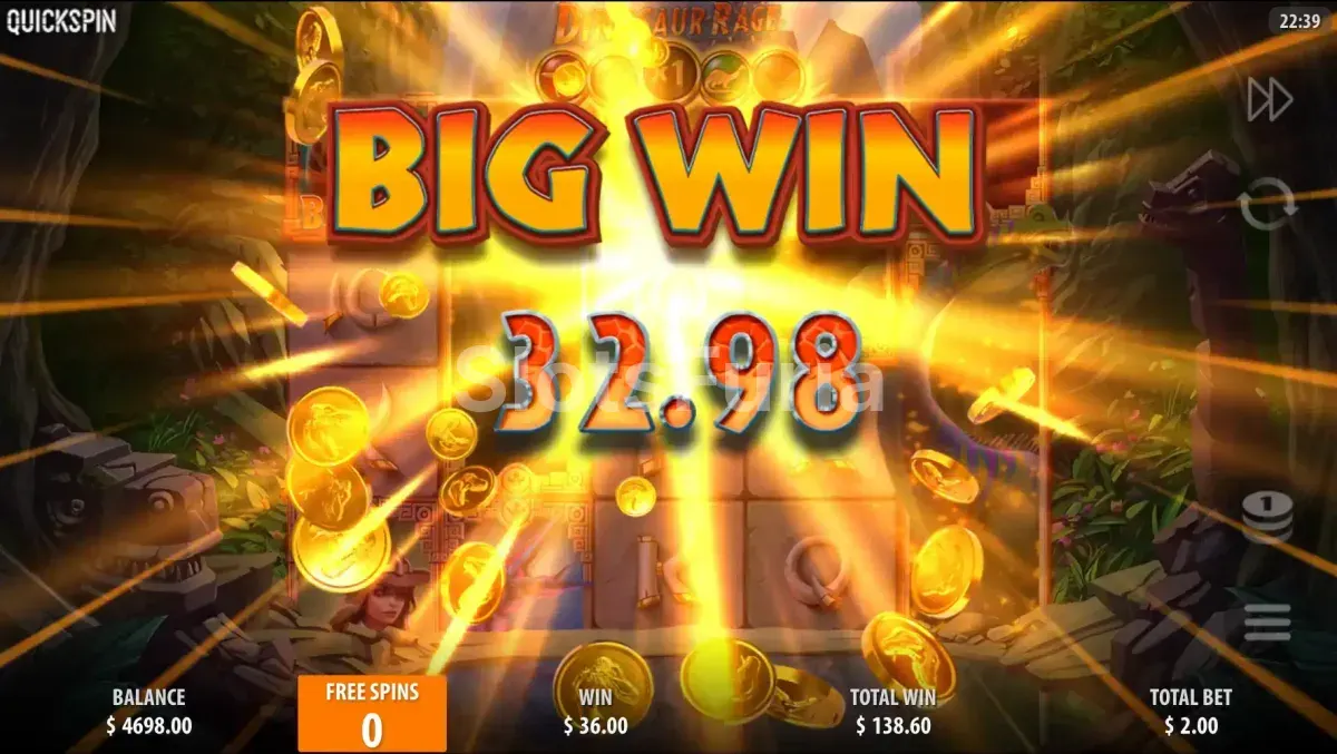 Gran victoria en Dinosaur Rage mostrando el máximo potencial de ganancias