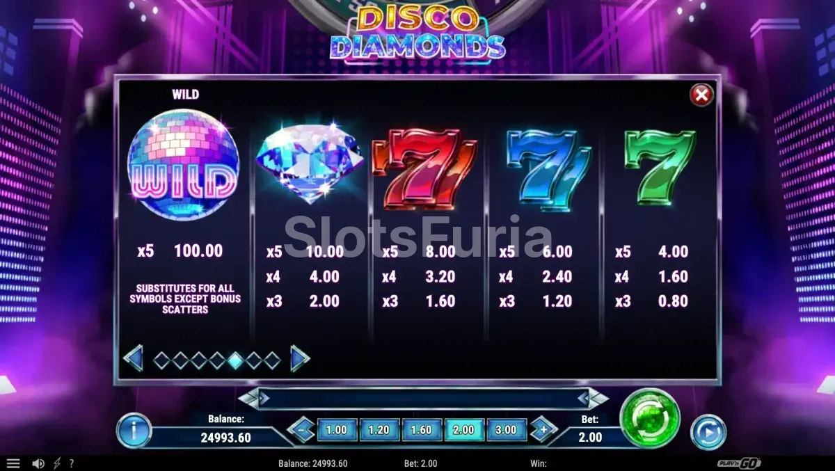 Tabla de pagos de Disco Diamonds con símbolos premium y valores